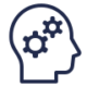 A blue icon with gears inside a person's head, representing intelligent thinking