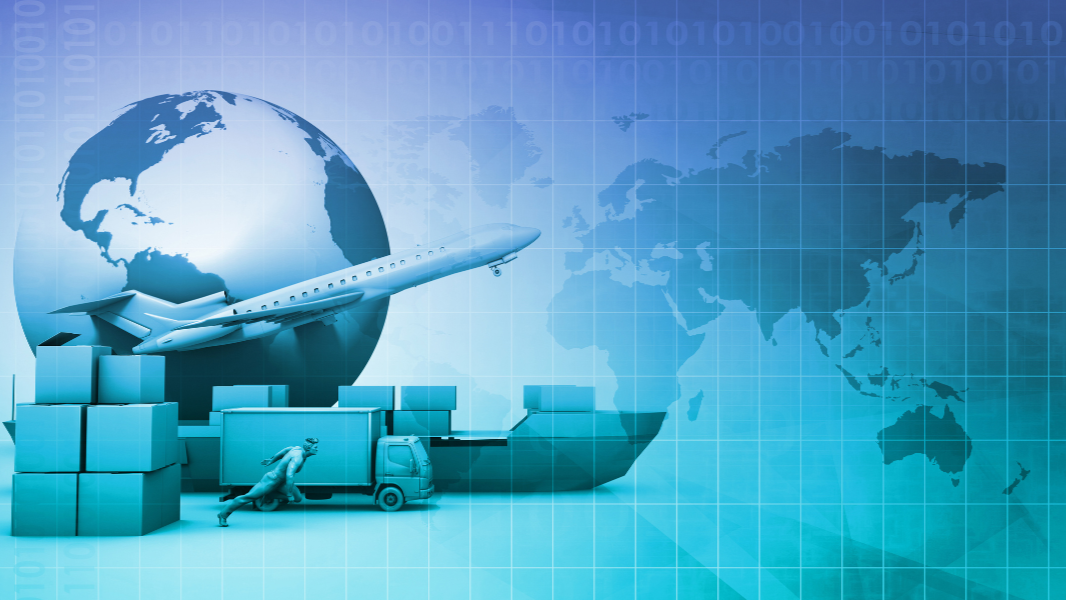 Animated blue inforgraphic of a the world and forms of transport indicating the importance of supply chains in the corporate world