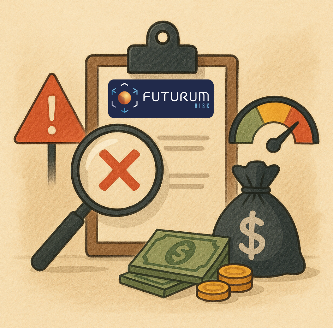Animated Infographic of warning signs, a checkboard, money and Futurum Risk logo depicting how Futurum Risk can help with financial fraud