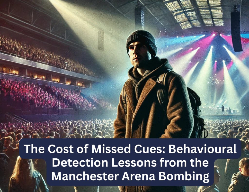 A suspicious man standing in the Manchester arena, during an event that involved a bombing indicating the impact behavioural detection can have on avoiding these tragedies