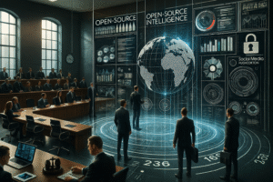 Digital Intelligence hub info-graphic displayed in a court room, indicating the importance of OSINT in modern day legal investigations