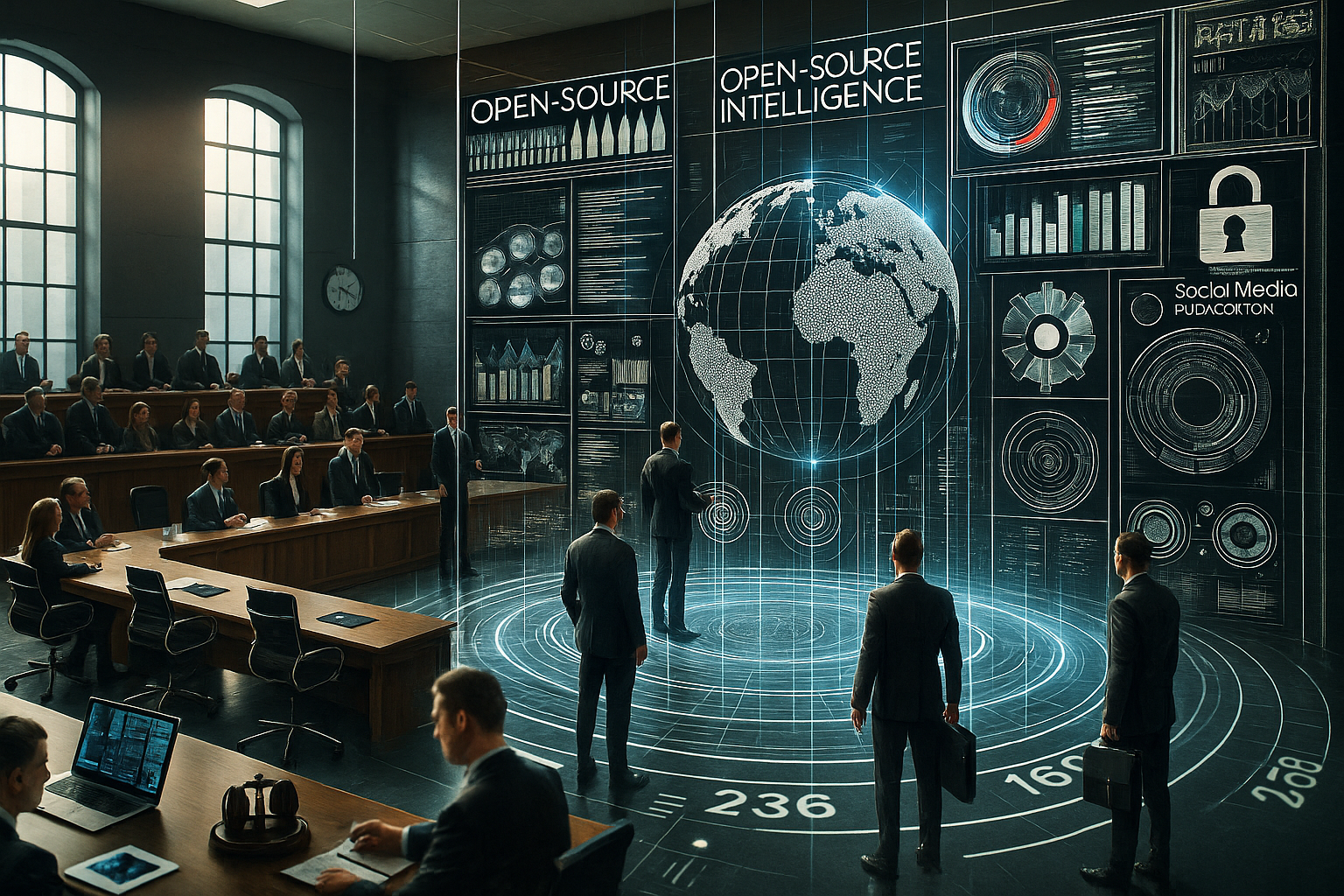 Digital Intelligence hub info-graphic displayed in a court room, indicating the importance of OSINT in modern day legal investigations