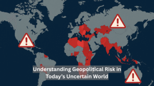 Infographic of a world map indicating the areas associated with Geo-political risk and global fault lines