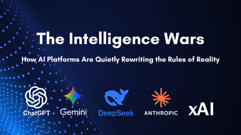 An infographic banner displaying the intelligence wars among the included leading AI companies with a digital pattern overlaying a blue background