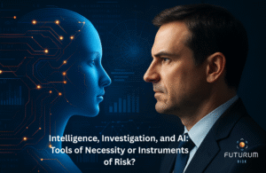 An infographic of an AI Humanoid staring off with an intelligence agent with blue transparent icons of data sources covering the image