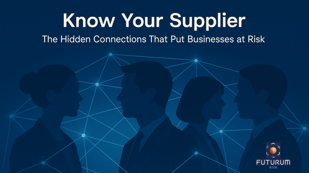 Blue image of interconnected nodes and intelligence agents collaborating to provide Know Your Supplier Intelligence to clients