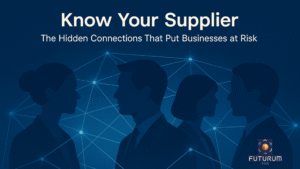 Blue image of interconnected nodes and intelligence agents collaborating to provide Know Your Supplier Intelligence to clients
