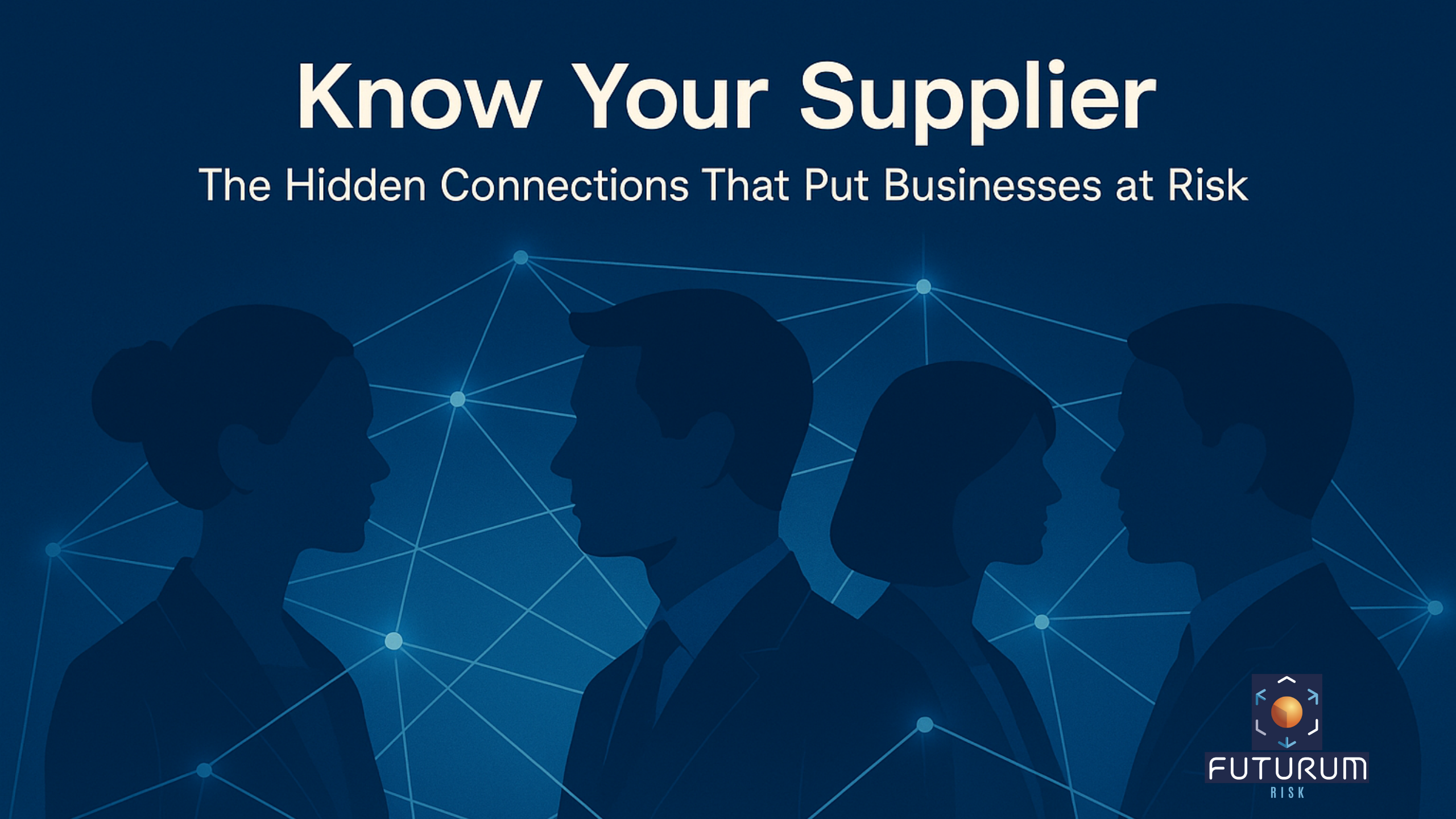 Blue image of interconnected nodes and intelligence agents collaborating to provide Know Your Supplier Intelligence to clients