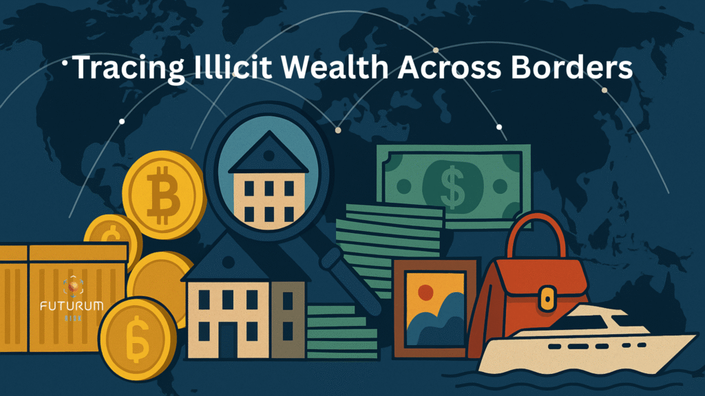 Infographic of asset related icons placed over a blued out world map in the background depicting the global problem of illicit wealth across borders