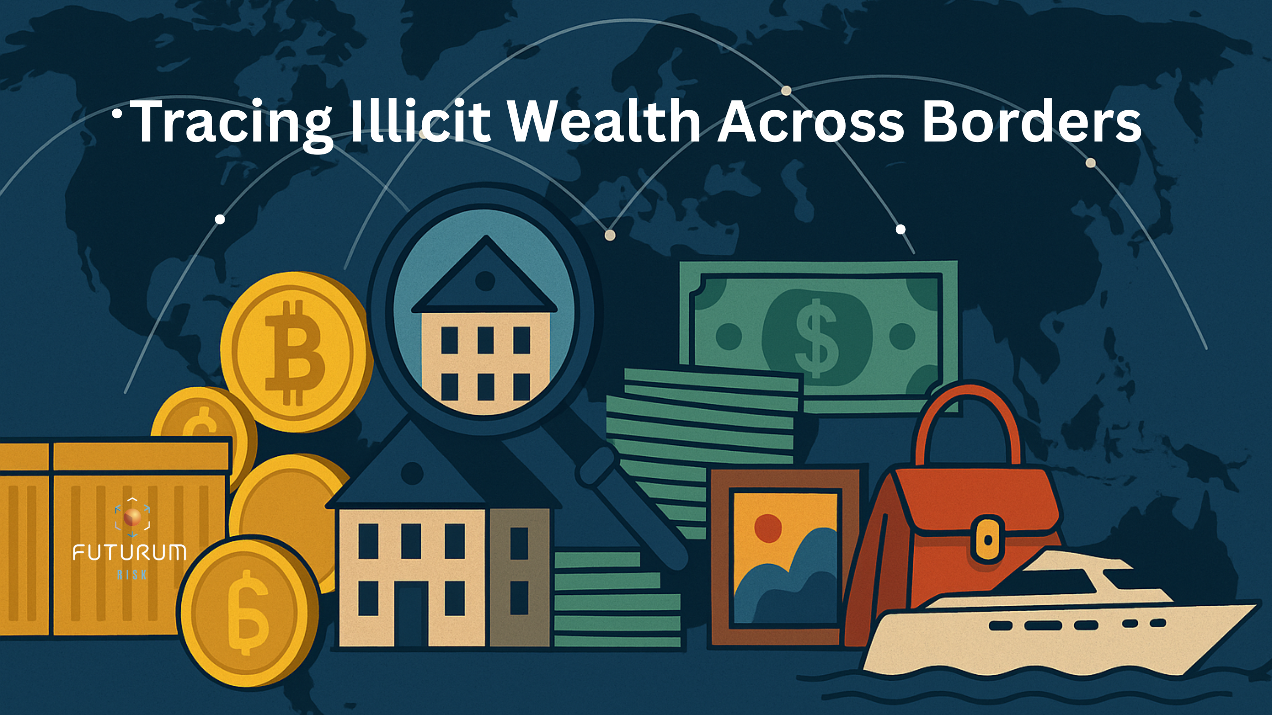 Infographic of asset related icons placed over a blued out world map in the background depicting the global problem of illicit wealth across borders