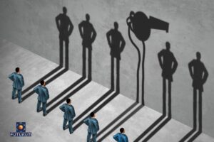 Infographic of employees standing in front of a concrete wall, casting shadows where one shadow depicts one of the employees as a whistle blower with a whistle shaped shadow