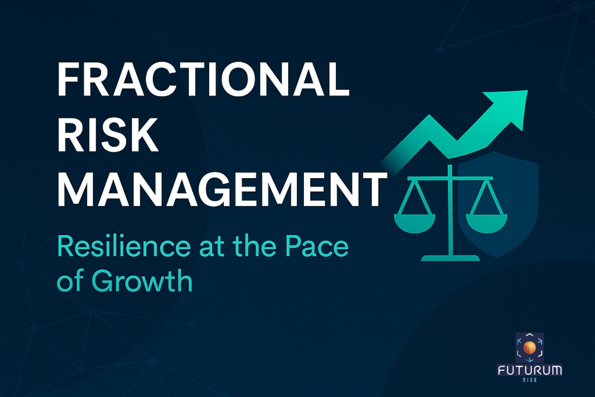 Dark Blue banner image for Futurum Risk's blog on Fractional Risk Management with icons depicting the increase of risk in recent business times.