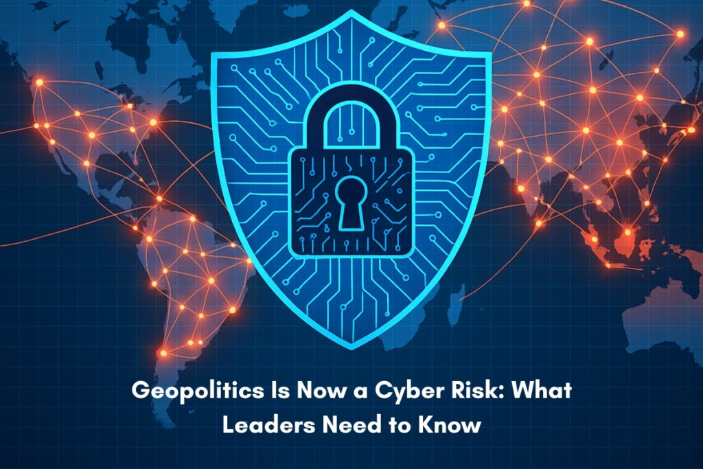 Geopolitical cyber risk infographic depicted by a world map with a blue digital lock icon over the continents emphasizing the impact of this risk across the globe