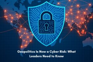 Geopolitical cyber risk infographic depicted by a world map with a blue digital lock icon over the continents emphasizing the impact of this risk across the globe