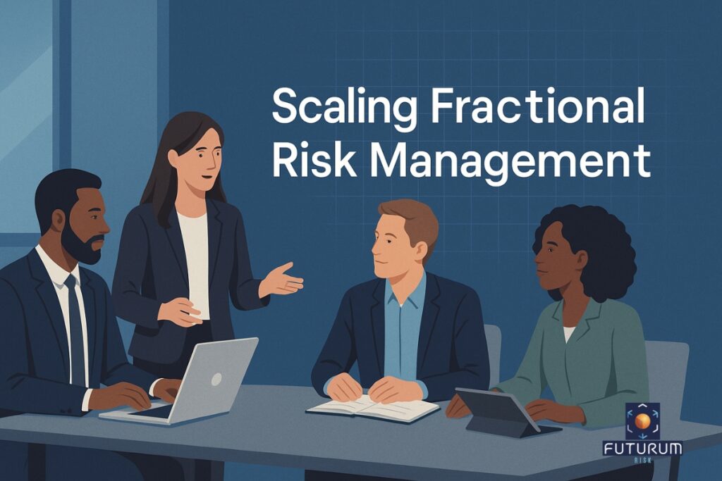 Animated picture of employees discussing Scaling Risk Management in a boardroom of their modern corporate organisation