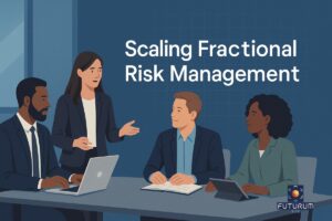 Animated picture of employees discussing Scaling Risk Management in a boardroom of their modern corporate organisation