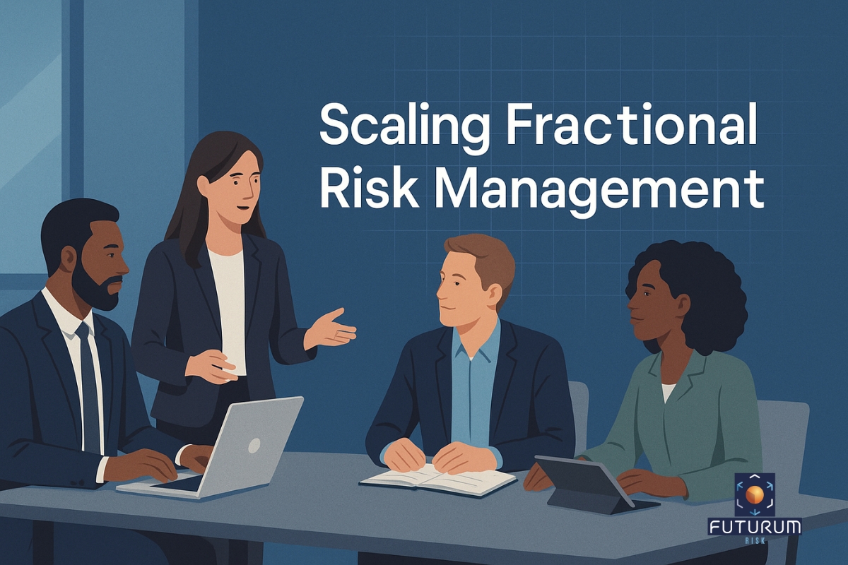 Animated picture of employees discussing Scaling Risk Management in a boardroom of their modern corporate organisation