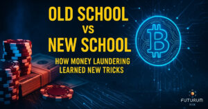 Infographic using imagery of bitcoin, poker chips and cash to show the impact of Money laundering in the new world