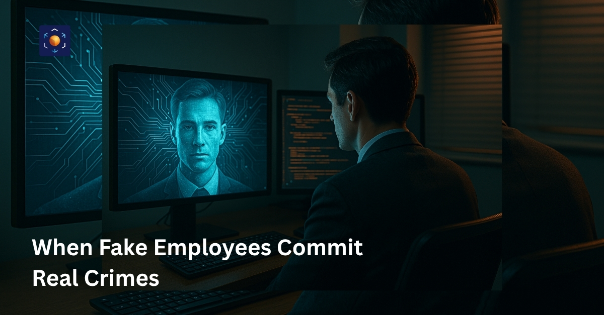 Image of an agent in a dark room staring at a computer screen with an AI Fake Employee pretending to be him showing how Fake Employees can be used to commit real crimes