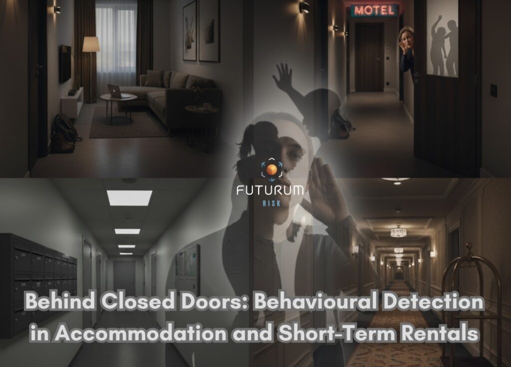 Infographic of 4 different interiors in commonly recognized buildings, with a faded overlay image of an intelligence agent over the 4 rooms, indicating the importance of Behavioural Detection in Accommodation and Short-Term Rentals in the current world