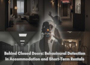 Infographic of 4 different interiors in commonly recognized buildings, with a faded overlay image of an intelligence agent over the 4 rooms, indicating the importance of Behavioural Detection in Accommodation and Short-Term Rentals in the current world