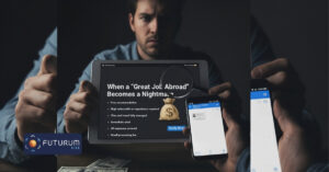 An Employee holding a tablet showcasing an infographic about Foreign Employment Scams overseas while another person holds a smartphone showcasing employee data.