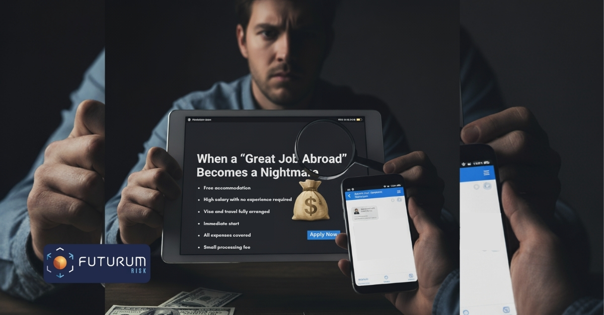 An Employee holding a tablet showcasing an infographic about Foreign Employment Scams overseas while another person holds a smartphone showcasing employee data.