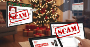 Infographic of online shopper sitting behind their laptop in their christmas theme decorated living room with a bunch of digital scam symbols across the image depicting how Christmas is filled with holiday hustles and is the season of scams