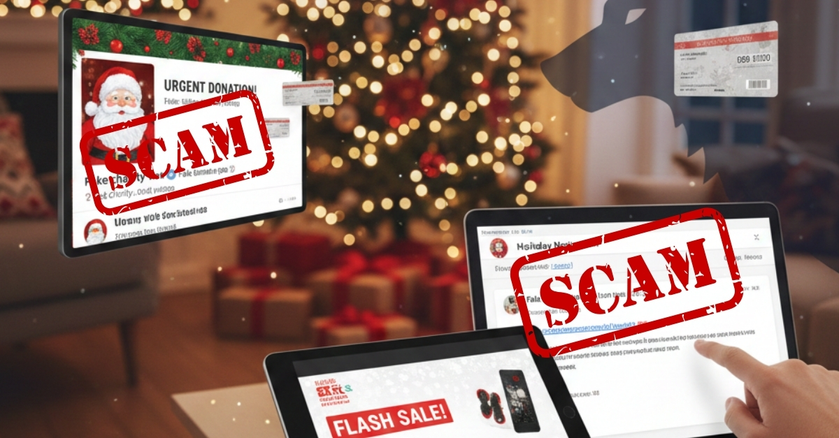 Infographic of online shopper sitting behind their laptop in their christmas theme decorated living room with a bunch of digital scam symbols across the image depicting how Christmas is filled with holiday hustles and is the season of scams