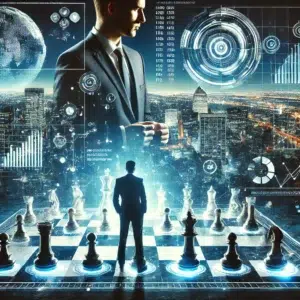 Infographic of iconography depicting holographic data visualizations with an intelligence agent on a chess board above the the globe and the other visualizations with another intelligence agent in the background showing the why intelligence is the ultimate tool in today's marker