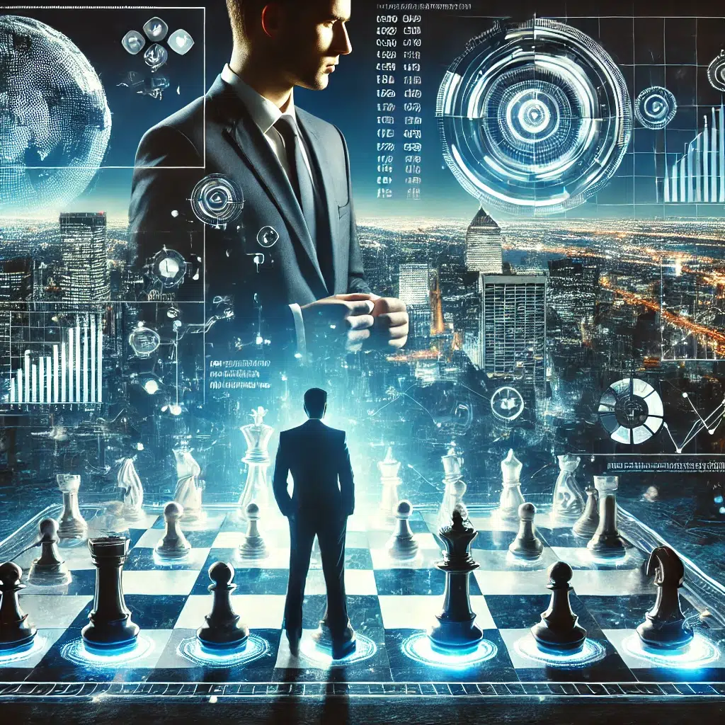 Infographic of iconography depicting holographic data visualizations with an intelligence agent on a chess board above the the globe and the other visualizations with another intelligence agent in the background showing the why intelligence is the ultimate tool in today's marker