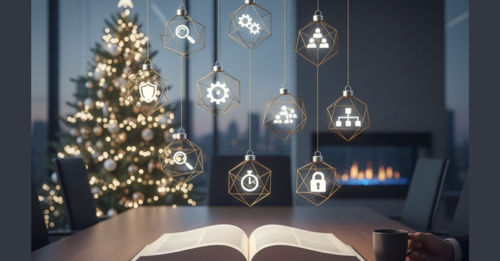 An apartment with a modern lounge area and christmas decorations with an open book on the table identifying the 12 days of risk elevated within the holiday season