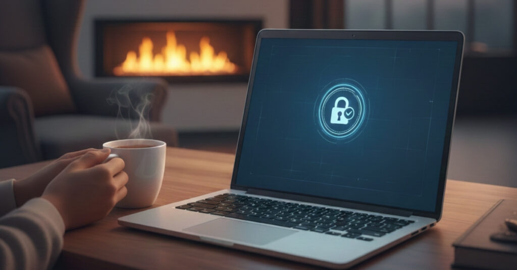 A person sitting in their lounge area at a table with a cup of coffee, fireplace and a laptop with a lock icon on the screen, depicting how people should follow a Guide to Cyber Safety for the Festive Season to avoid the rise of scams and phishing this time of year