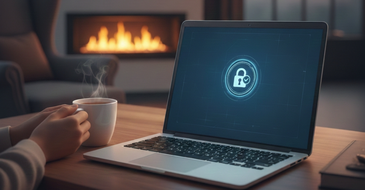 A person sitting in their lounge area at a table with a cup of coffee, fireplace and a laptop with a lock icon on the screen, depicting how people should follow a Guide to Cyber Safety for the Festive Season to avoid the rise of scams and phishing this time of year