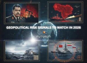 Infographic of images relating to the current Geopolitical risks in the world and is depicted by images of oil tankers, Manduro the ex Venezuelan president and naval powers, alluding to the blog about Geopolitical Risk Signals to Watch in 2026