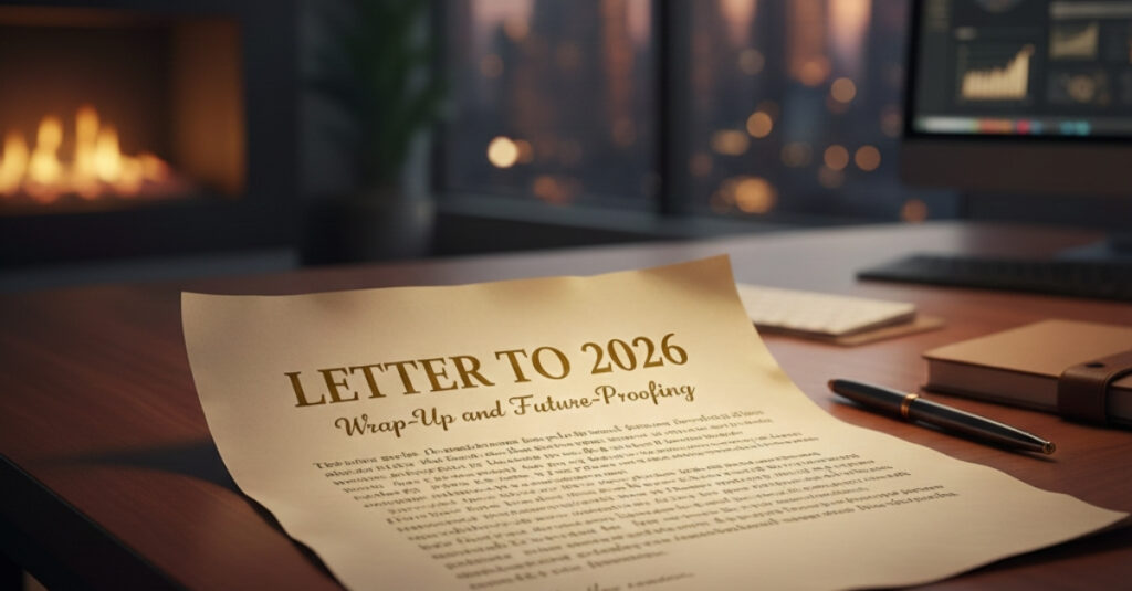 Image of a letter on a table in next to a fire place in a modern apartment titled a Letter to 2026, alluding to the blog it related to which explores a wrap-up of 2025 and future-proofing for 2026