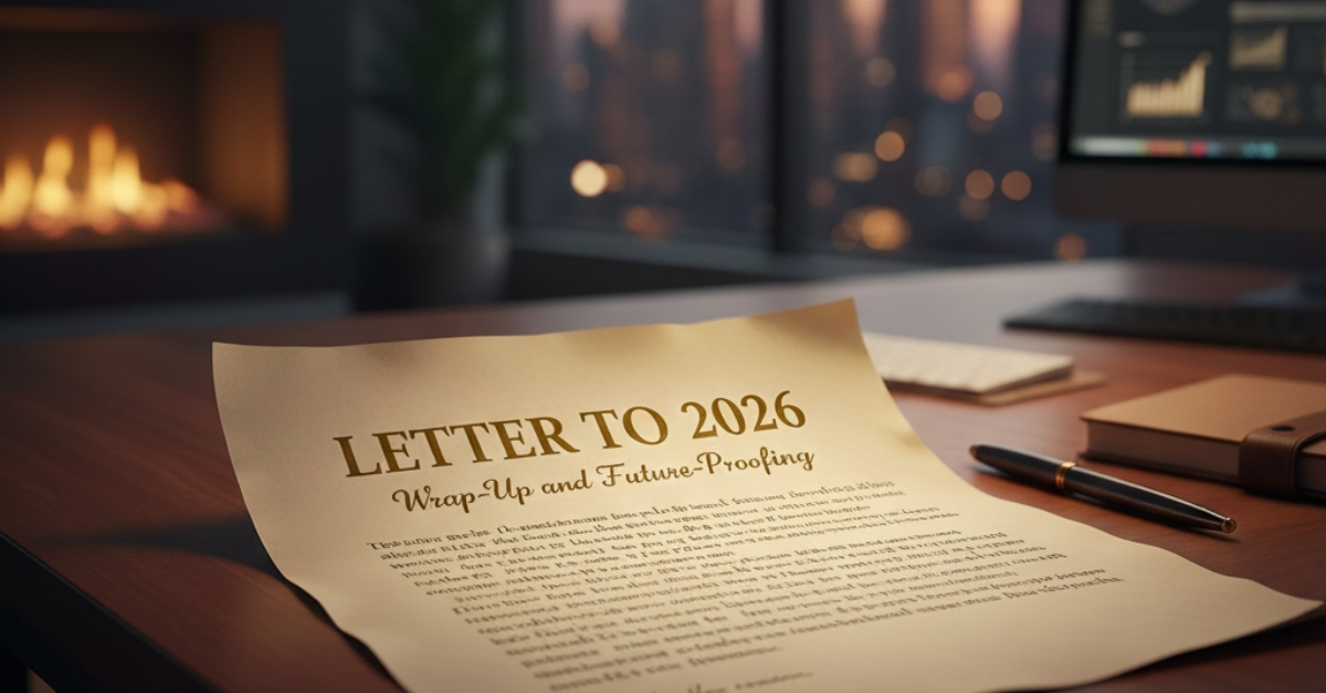 Image of a letter on a table in next to a fire place in a modern apartment titled a Letter to 2026, alluding to the blog it related to which explores a wrap-up of 2025 and future-proofing for 2026