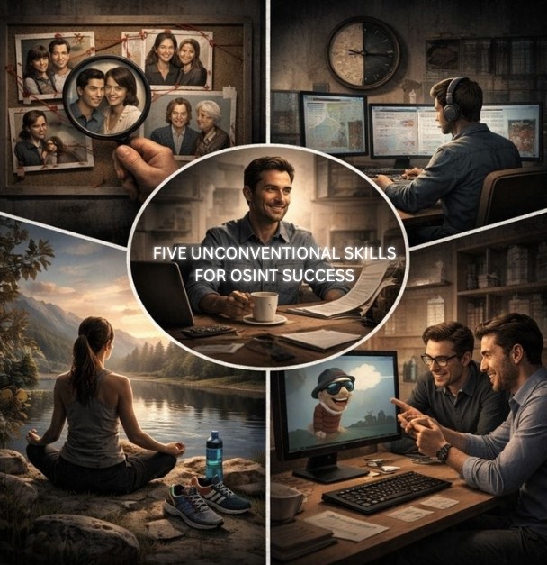 Infographic split into 5 different sections where each sections displays an image of a persons practicing one of the five unconventional skills for OSINT success and is depicting by the activity the person is doing in the section