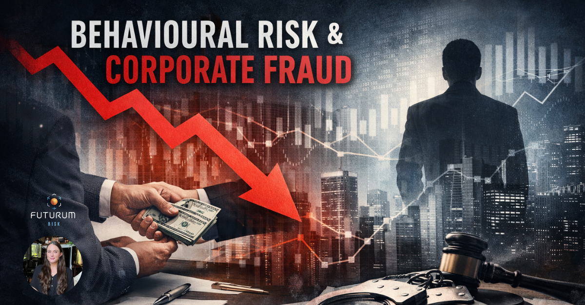 Infographic with iconography of financial and behavourial fraud indicators like negative graph lines and mysterious unknown people. This ties into the blog of behavioural risk in the context of corporate fraud
