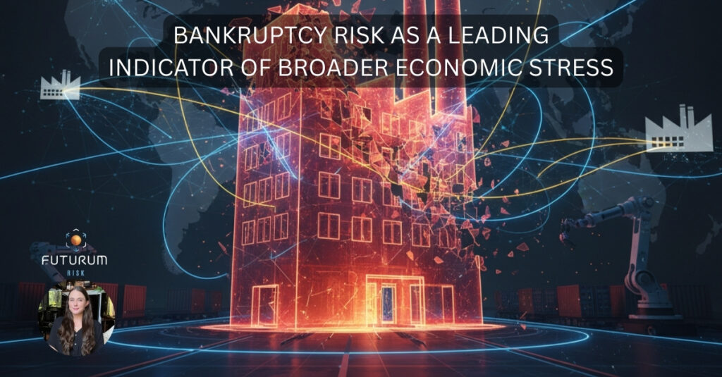 Infographic displaying holographic factories seemingly breaking in half, displayed over a digital world map with interconnected business process icons. This showcases how you can view bankruptcy risk as a Leading Indicator of Broader Economic Stress.