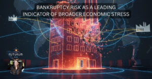 Infographic displaying holographic factories seemingly breaking in half, displayed over a digital world map with interconnected business process icons. This showcases how you can view bankruptcy risk as a Leading Indicator of Broader Economic Stress.