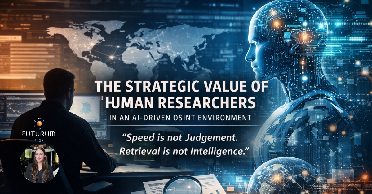 Digital infographic including iconography of intelligence elements with a researcher in front of a world map and an AI agent robot next to him. This relates to the blogs theme of The Strategic Value of Human Researchers in an AI-Driven OSINT Environment