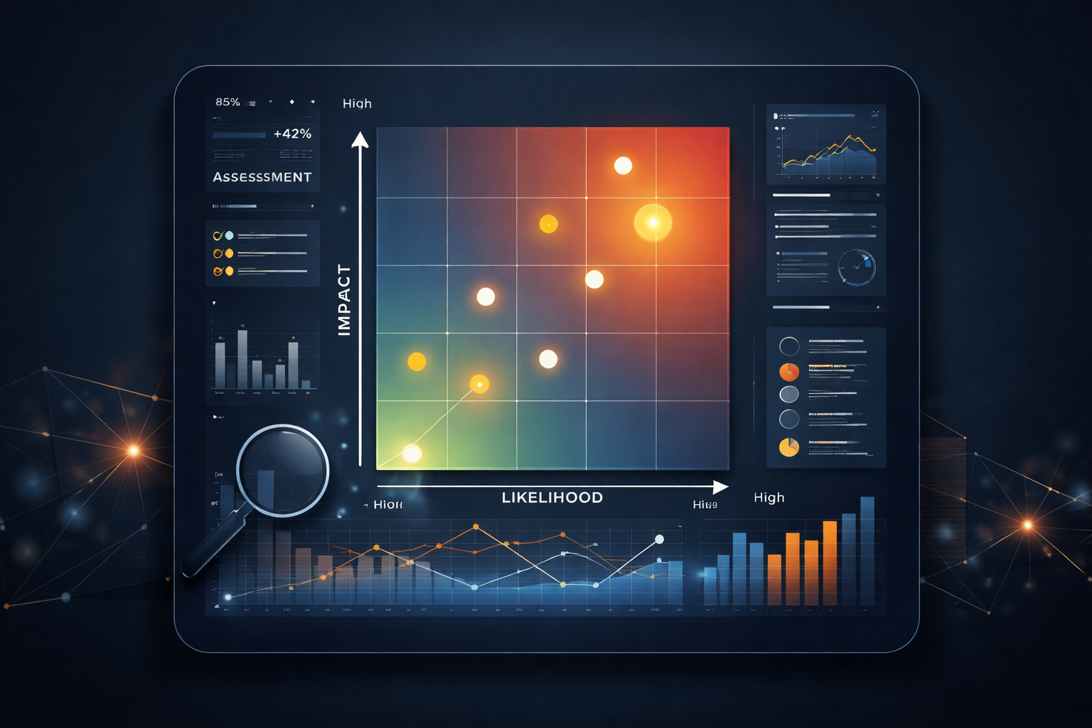 Infographic of a risk evaluation matrix using gradient styled colours to show a heatmap of pre-investment due diligence related risk in modern businesses