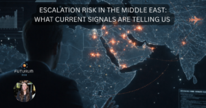 Digital visualization of the a world map focused on the middle east area with glowing nodes representing hotspots and relating to the escalation risk in the middle east by showing an intelligence agent looking into the map
