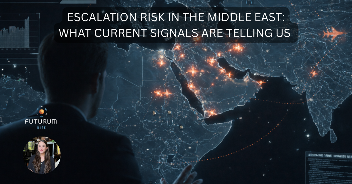 Digital visualization of the a world map focused on the middle east area with glowing nodes representing hotspots and relating to the escalation risk in the middle east by showing an intelligence agent looking into the map