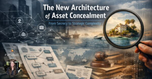 Infographic including iconography of modern skyscrapers, intelligence data points and files, an intelligence agent holding a magnifying glass over an island environment with boats and modern mansions, relating to the how the architecture of Asset Concealment persists among the elite businesses in the world