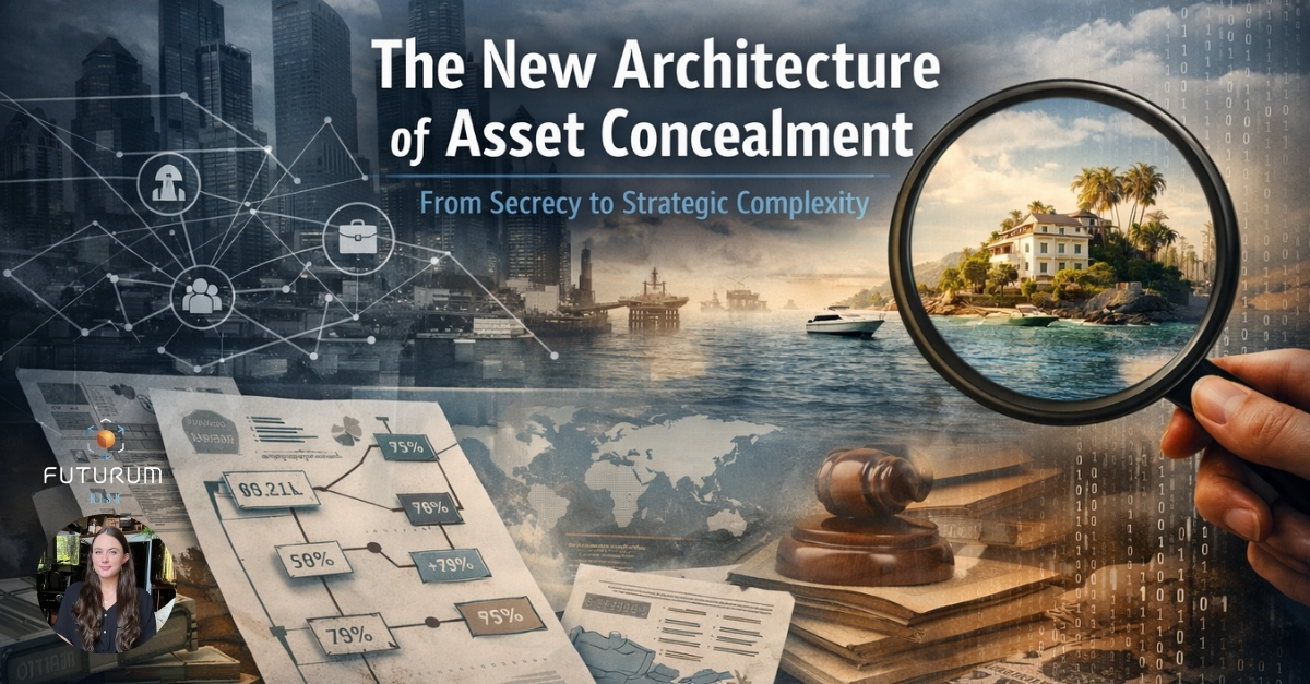Infographic including iconography of modern skyscrapers, intelligence data points and files, an intelligence agent holding a magnifying glass over an island environment with boats and modern mansions, relating to the how the architecture of Asset Concealment persists among the elite businesses in the world