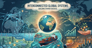 World map infographic linking energy infrastructure, shipping trade lanes, and rising market charts, visualising interconnected risk driven by Global Tensions.