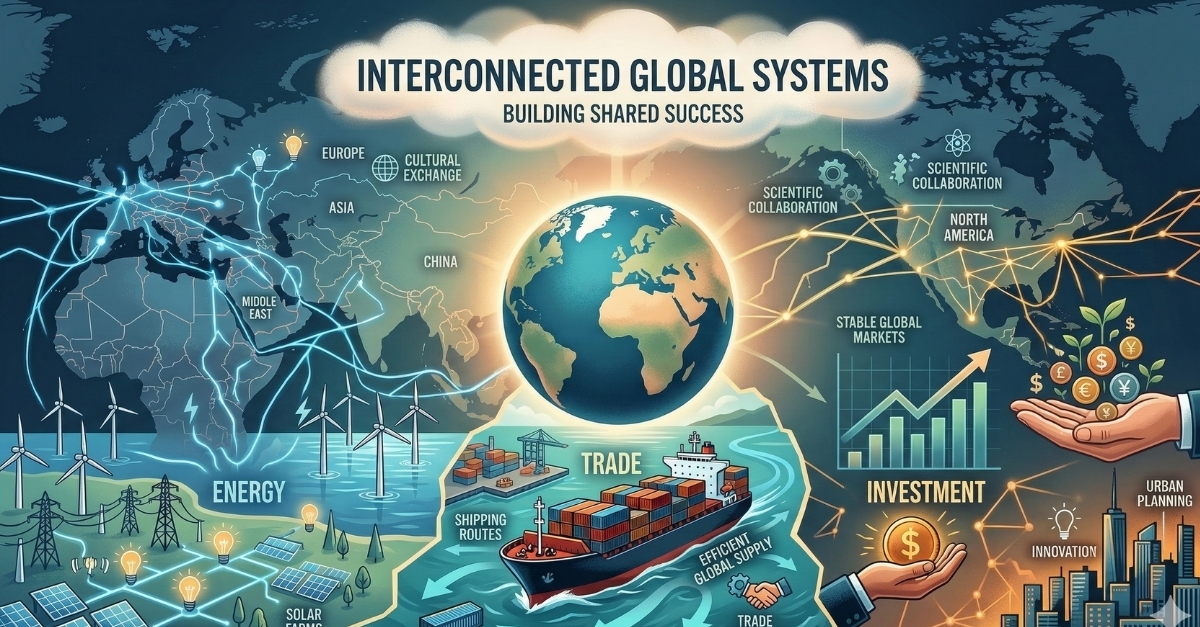 World map infographic linking energy infrastructure, shipping trade lanes, and rising market charts, visualising interconnected risk driven by Global Tensions.