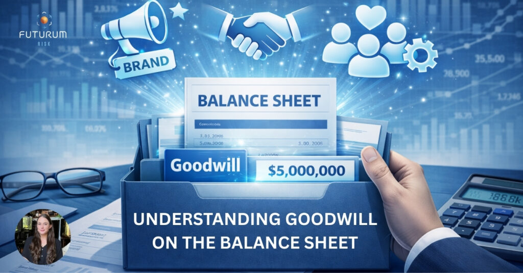 Digital blue infographic of an intelligence agent examining a balance sheet to depict how understanding goodwill on the balance sheet is essential for companies to avoid risk and aid due diligence procedures.